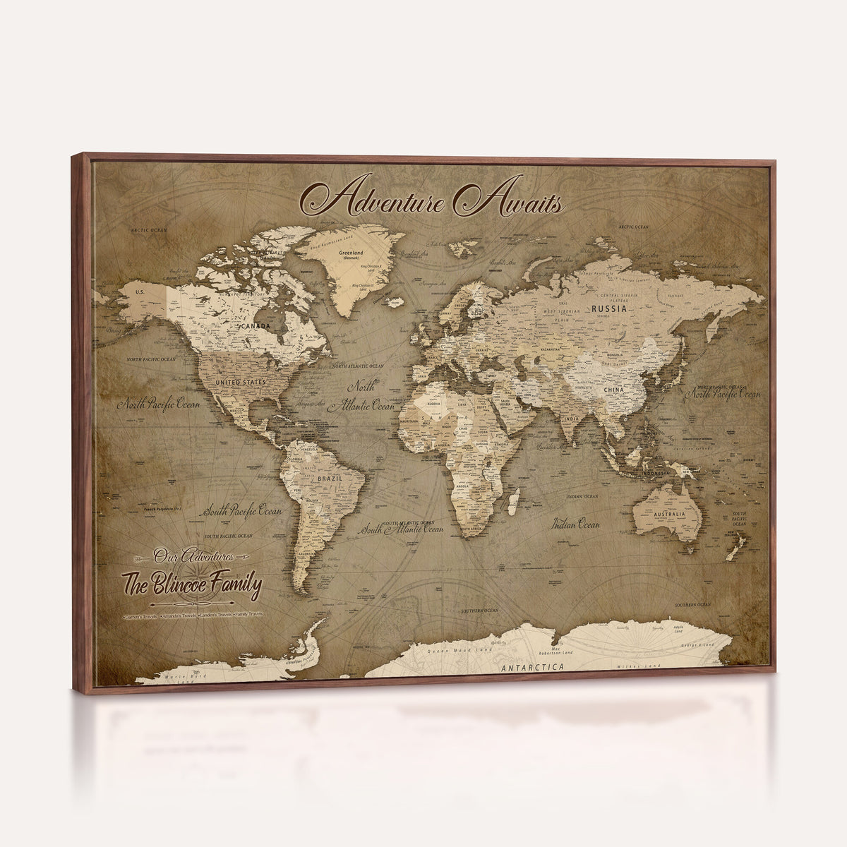 96775856-MGV-CV-36X24 - Custom Beige Modern Push Pin World Map Canvas Print, Family Travel Tracker, Dining Room and Home Office Decor