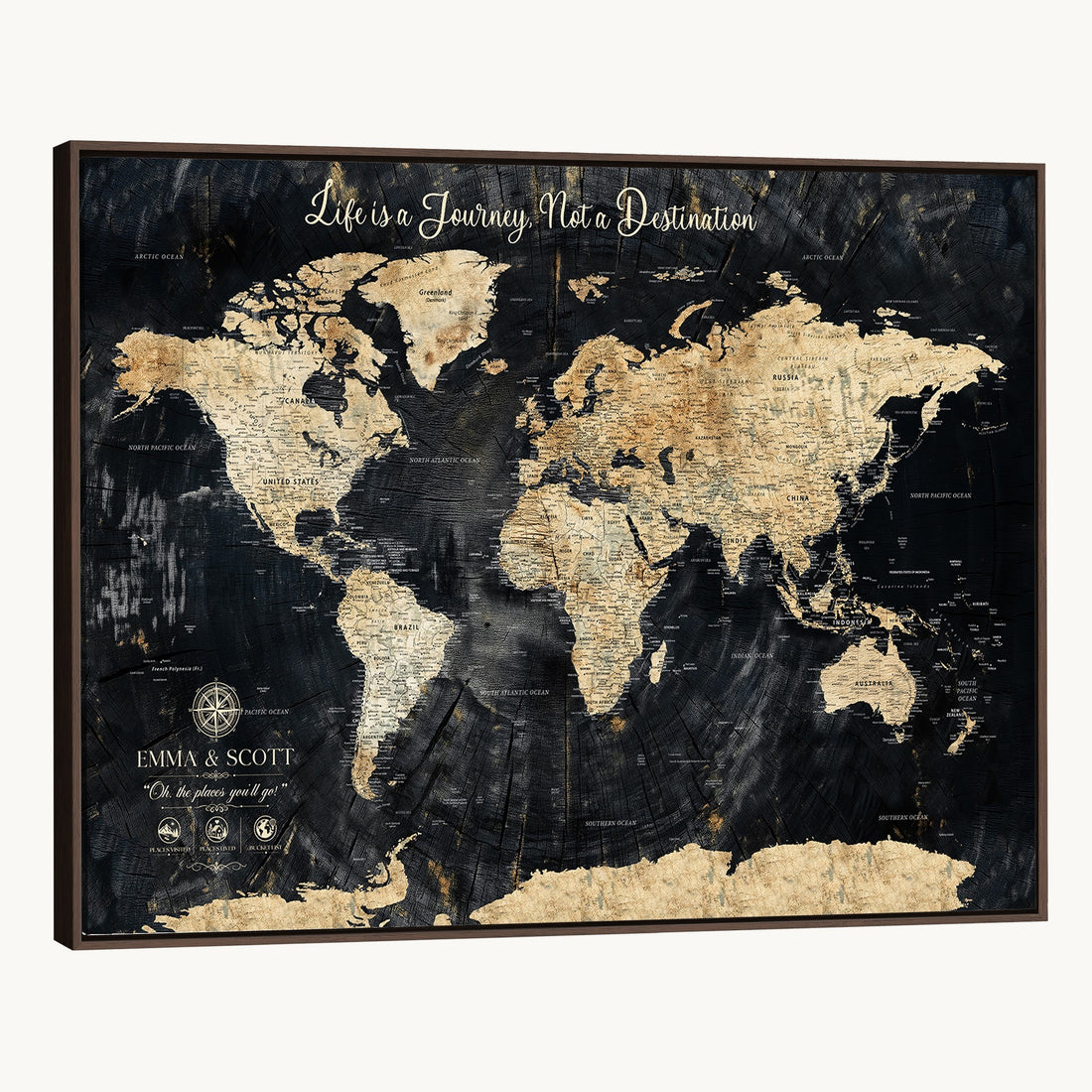 Custom Black Modern Push Pin World Map Wall Art, Next Trip Planner Map, Home Office and Entryway Decor