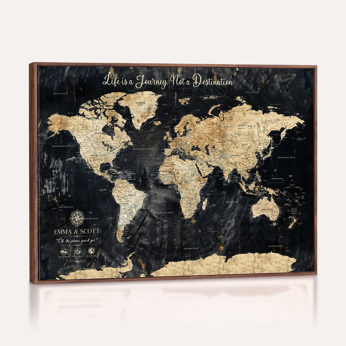 Personalized Framed Navy Modern Push Pin World Map Canvas Print, Couples Countries Visited Map, Family Room and Study Decor