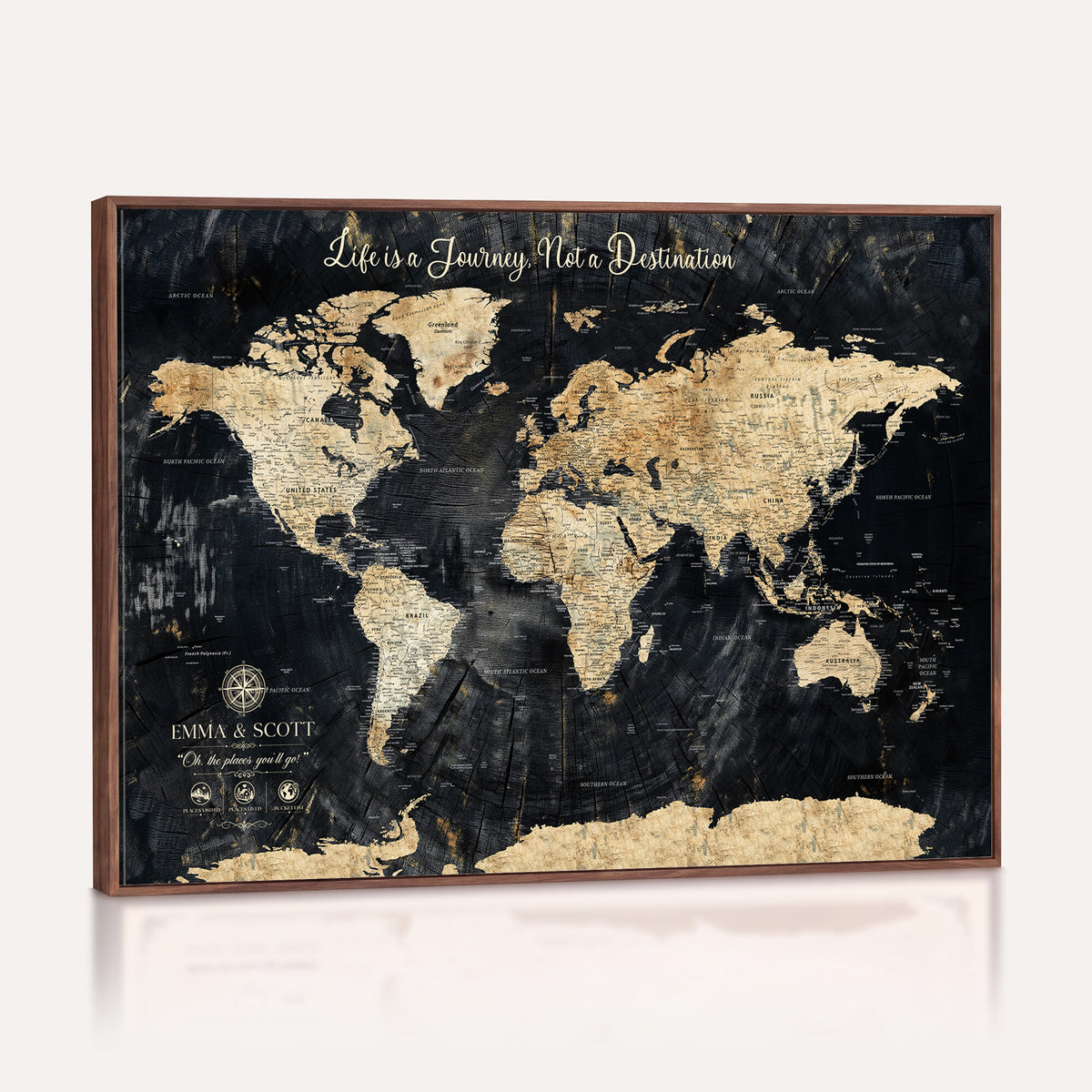 NEWMAP-13-MGV-CV-36X24 - Personalized Framed Navy Modern Push Pin World Map Canvas Print, Couples Countries Visited Map, Family Room and Study Decor