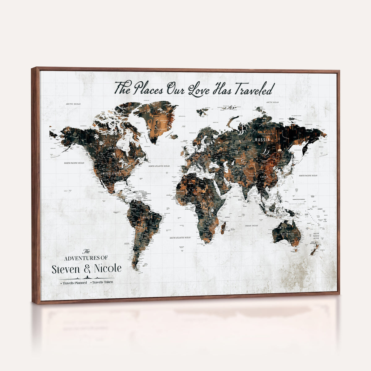 29090064-MGV-CV-36X24 - Personalized Beige Push Pin World Map Canvas Print, Honeymoon and Anniversary Gift, Living Room and Dining Room Decor
