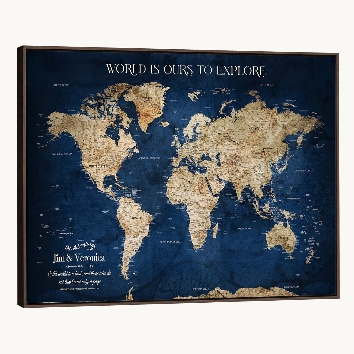 35296308-MGV-CV-36X24 - Custom Navy World Map Canvas with Push Pins, Family Travel Tracker, Living Room and Family Room Decor