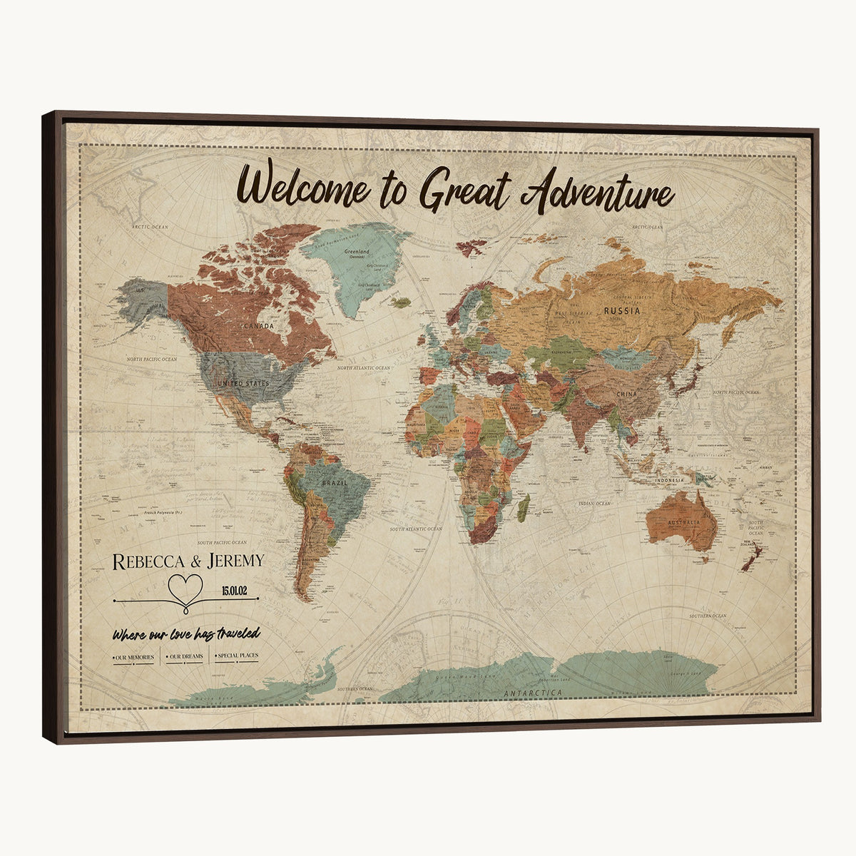 44361524-MGV-CV-36X24 - Large Personalized Beige Minimalist Push Pin World Map Wall Art, Next Trip Planner Map, Bedroom and Home Office Decor