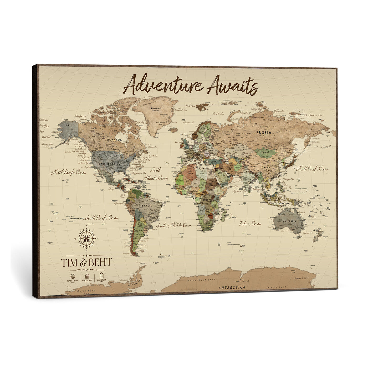 72027187-MGV-CV-36X24 - Custom Push Pin World Map Wall Art Canvas Print – Personalized Travel Tracker with Pins Framed Large for Home and Office Decor