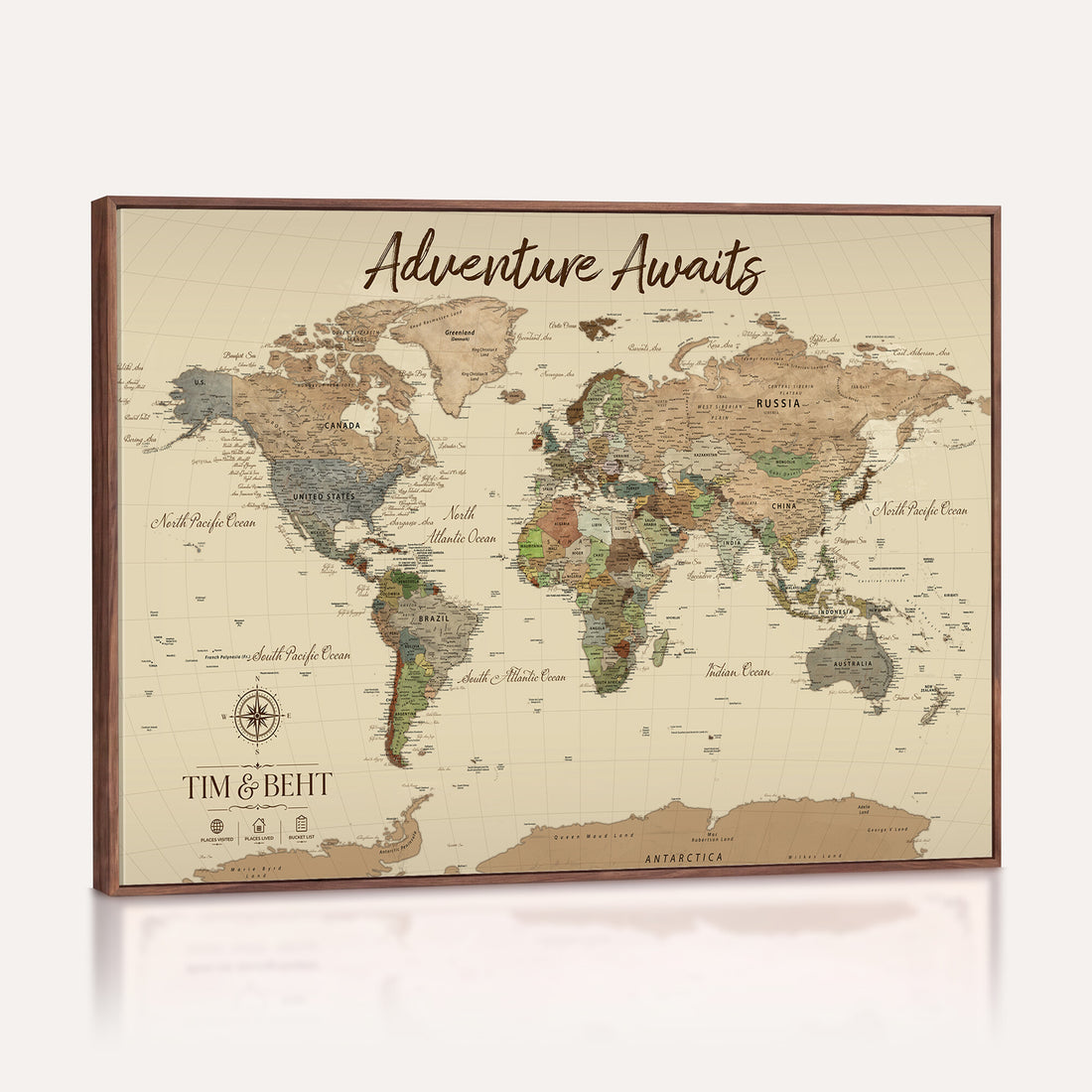 Custom Beige Geometric Push Pin Travel Map Canvas Print, Family Travel Tracker, Home Office and Entryway Decor