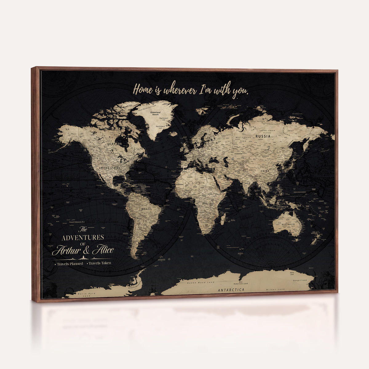 31416046-MGV-CV-36X24 - Custom Framed Beige Vintage Push Pin Travel Map Canvas Print, Honeymoon and Anniversary Gift, Study and Hallway Decor