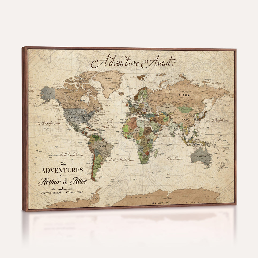 Custom Framed Beige Vintage World Travel Map Wall Art with Pins, Family Travel Tracker, Family Room and Hallway Decor