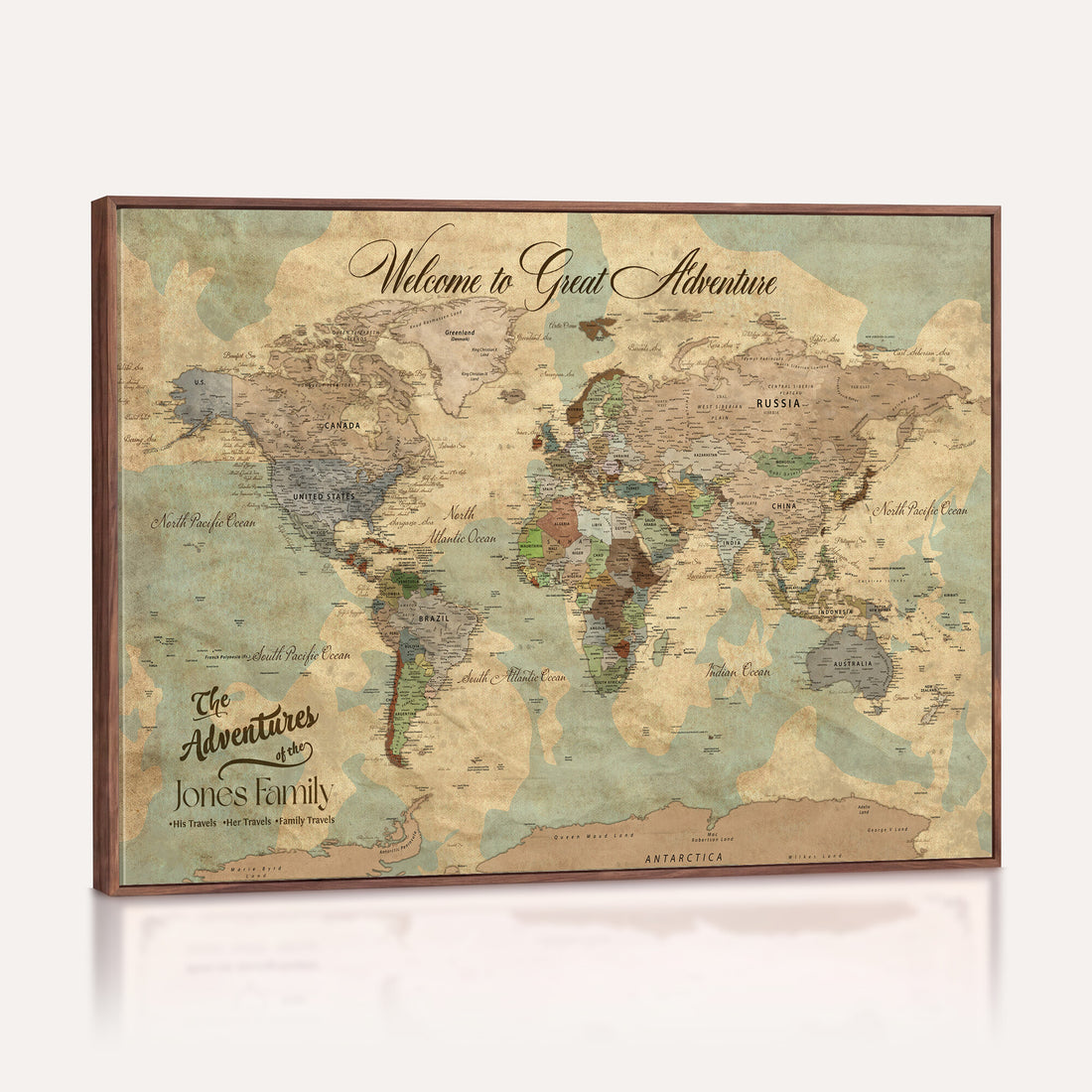 Personalized Framed Navy Vintage Push Pin World Map Wall Art, Places Visited Tracker, Bedroom and Hallway Decor