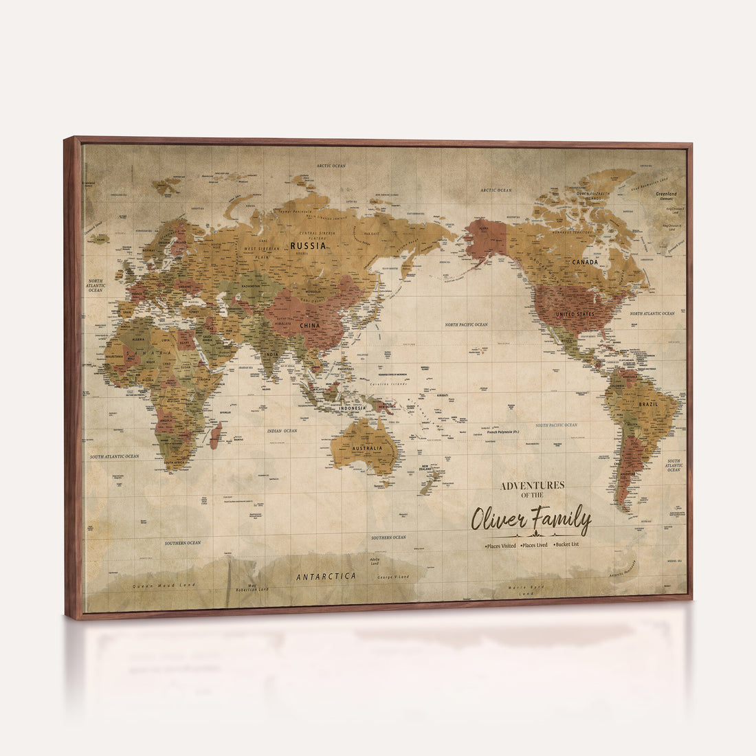 Personalized Framed Navy Modern World Map Canvas with Push Pins, Bucket List Map, Living Room and Entryway Decor