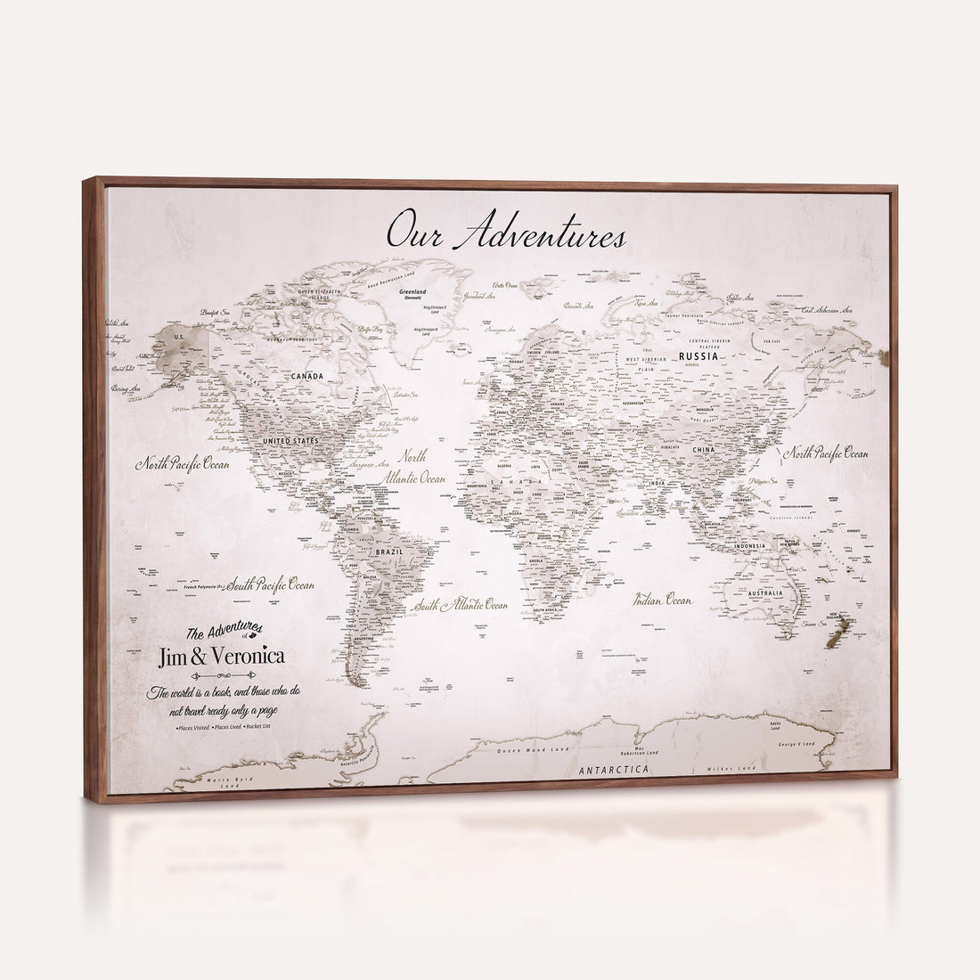 Personalized Beige Vintage World Travel Map Wall Art with Pins, Honeymoon and Anniversary Gift, Entryway and Hallway Decor