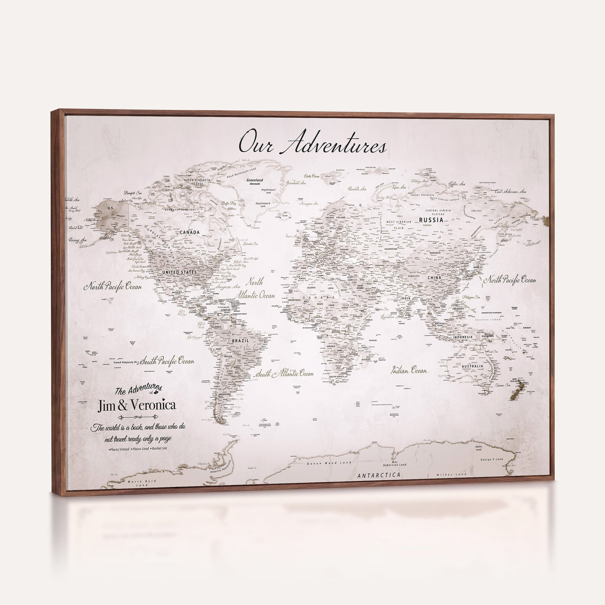 62392749-MGV-CV-36X24 - Personalized Beige Vintage World Travel Map Wall Art with Pins, Honeymoon and Anniversary Gift, Entryway and Hallway Decor