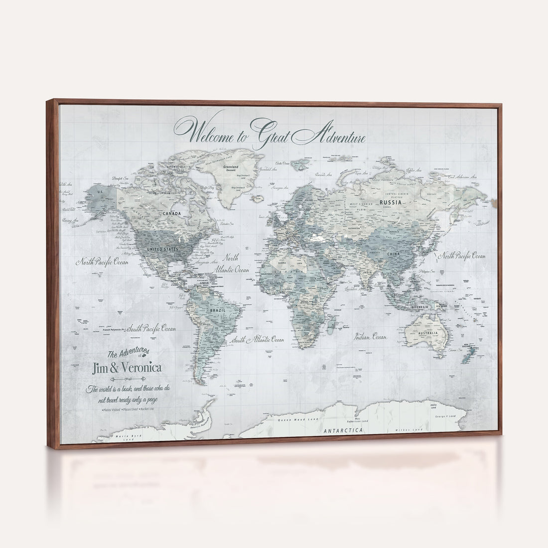 Personalized Beige Antique Push Pin World Map Canvas Print, Family Travel Tracker, Family Room and Entryway Decor
