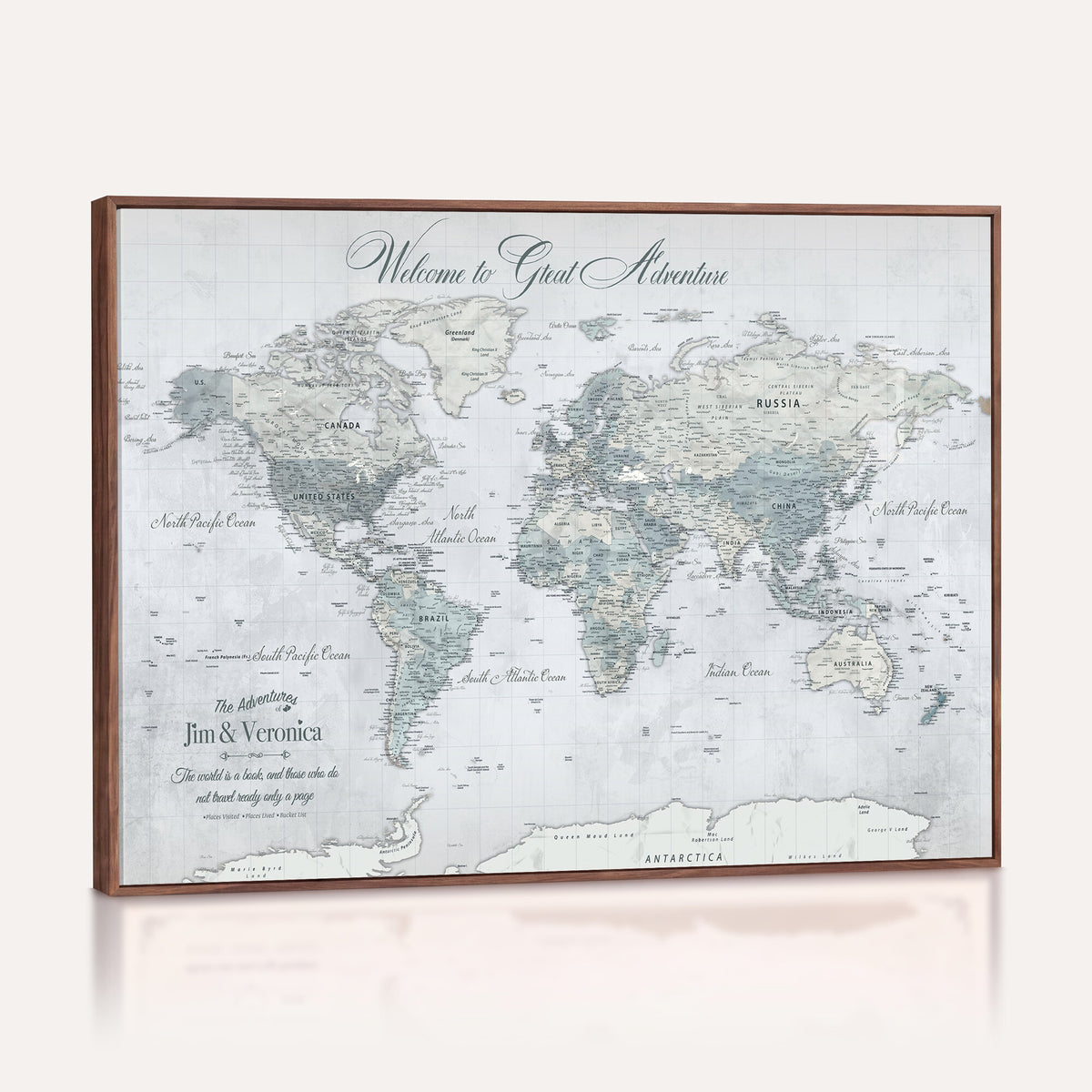 55391088-MGV-CV-36X24 - Personalized Beige Antique Push Pin World Map Canvas Print, Family Travel Tracker, Family Room and Entryway Decor