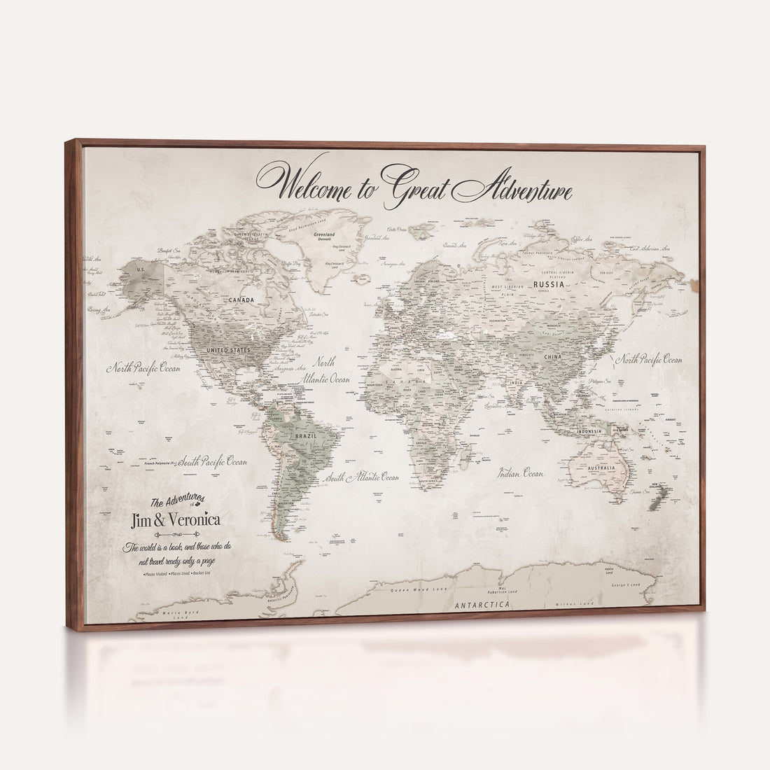 Personalized Beige World Map Canvas with Push Pins, Places Visited Tracker, Family Room and Entryway Decor