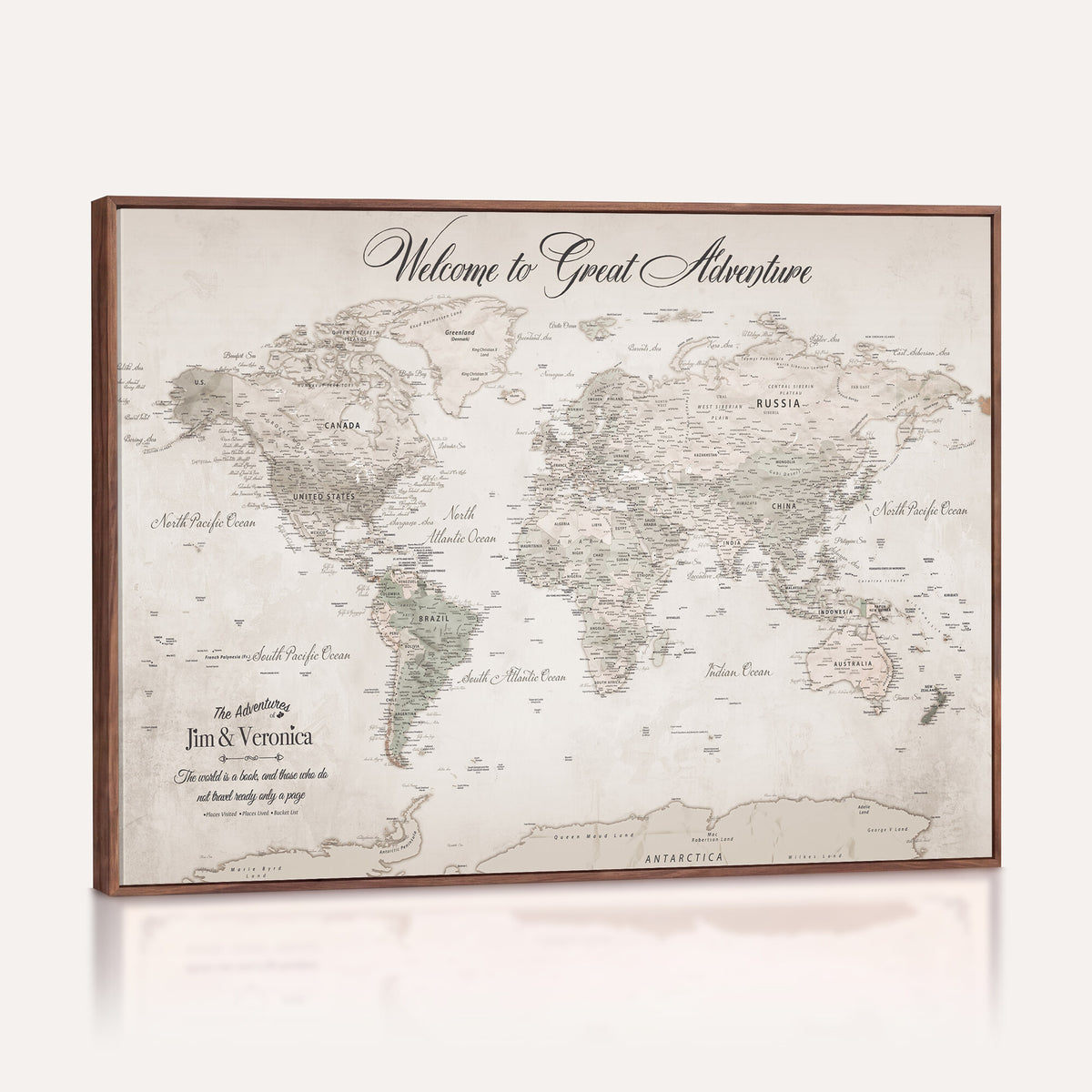 84311132-MGV-CV-36X24 - Personalized Beige World Map Canvas with Push Pins, Places Visited Tracker, Family Room and Entryway Decor