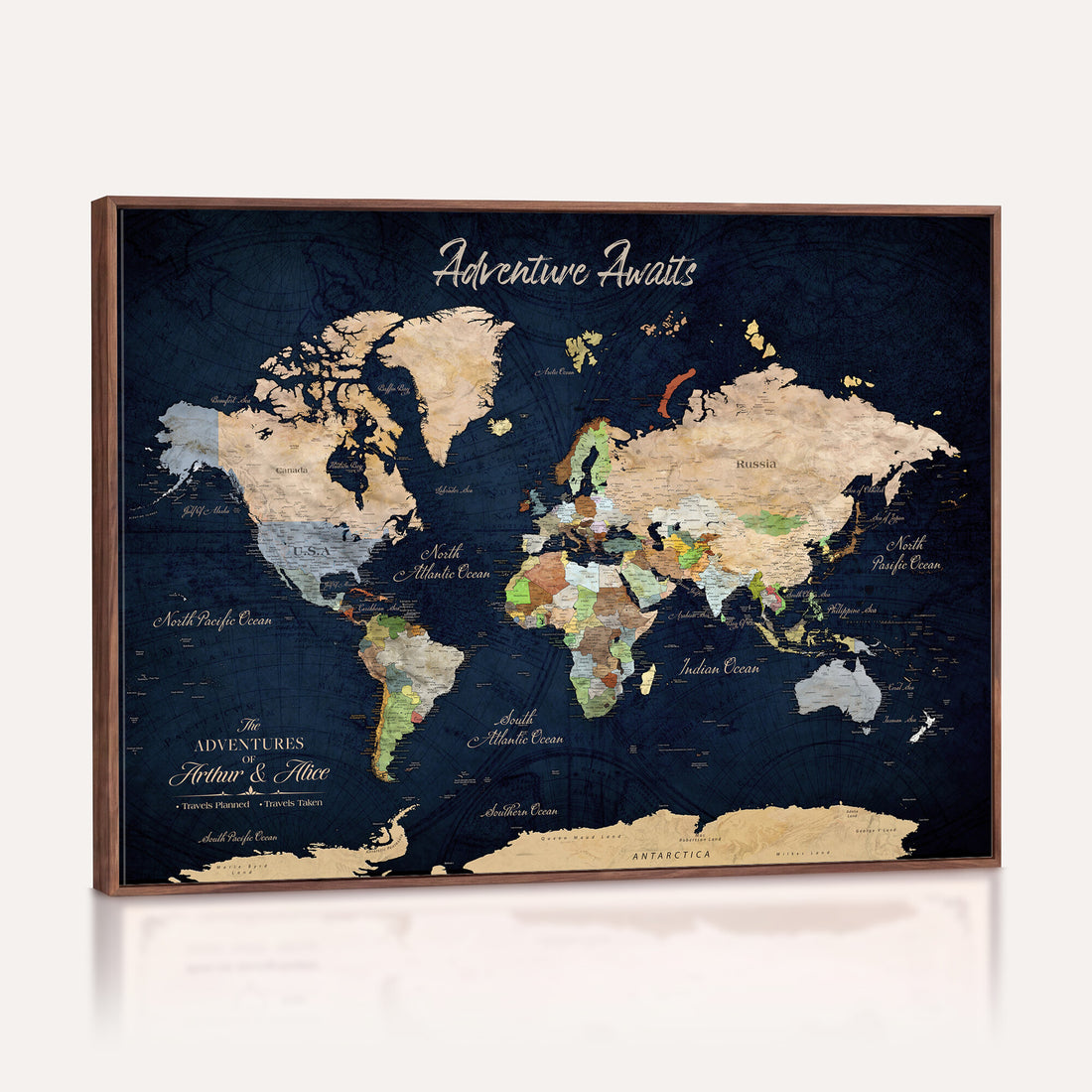 Personalized Beige Antique Push Pin Travel Map Canvas Print, Bucket List Map, Dining Room and Entryway Decor
