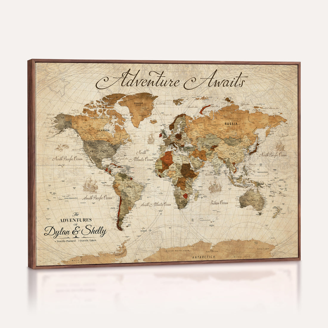 Personalized Black Modern World Map Canvas with Push Pins, Family Travel Tracker, Bedroom and Study Decor