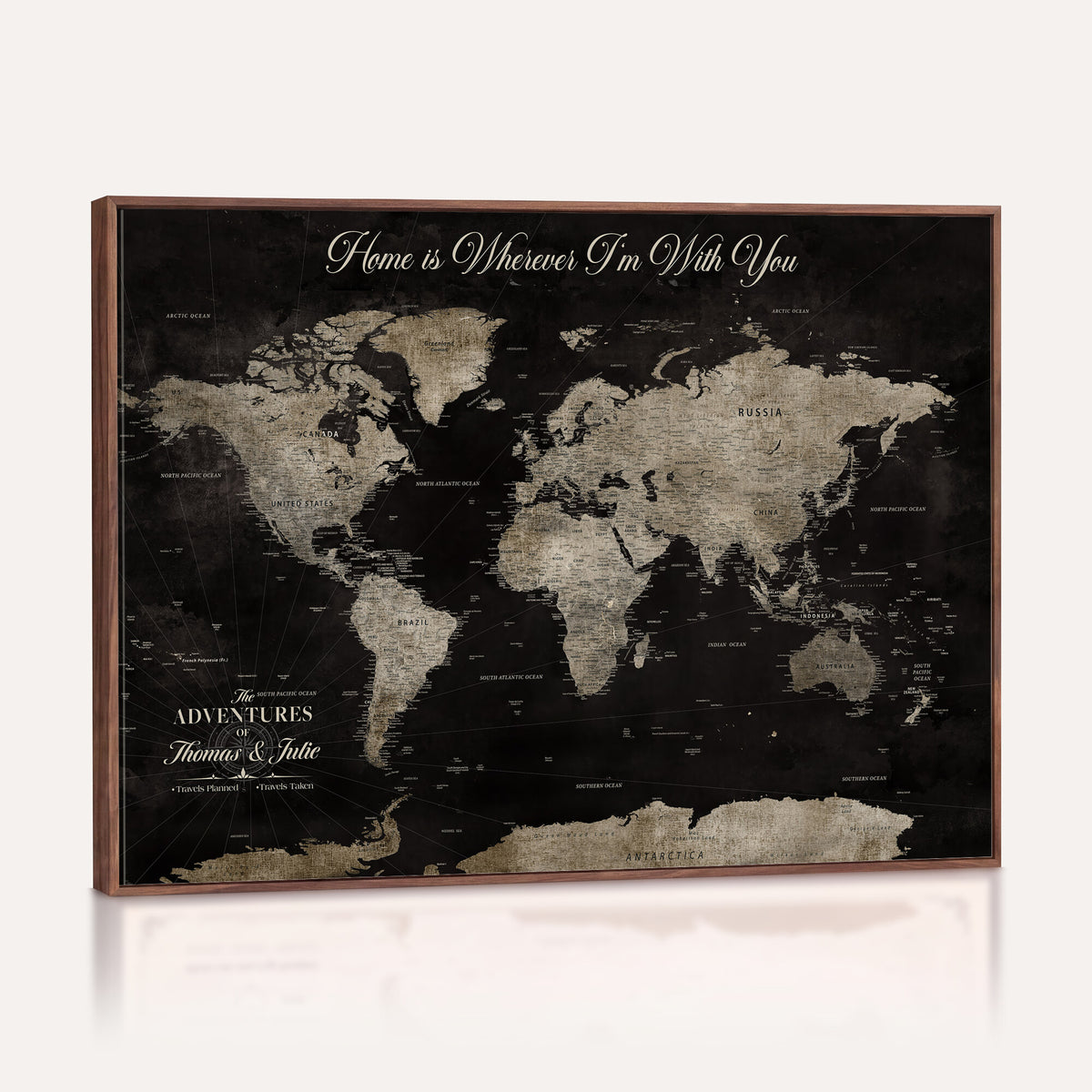 28461537-MGV-CV-36X24 - Personalized Framed Black Geometric World Map Canvas with Push Pins, Bucket List Map, Living Room and Dining Room Decor