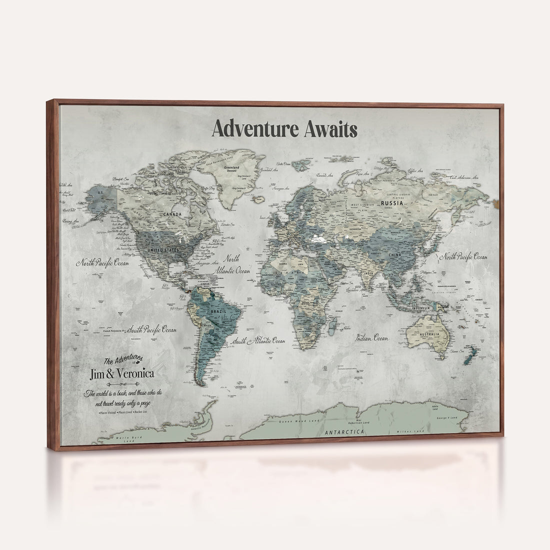 Personalized Framed Beige World Map Canvas with Push Pins, Places Visited Tracker, Bedroom and Entryway Decor