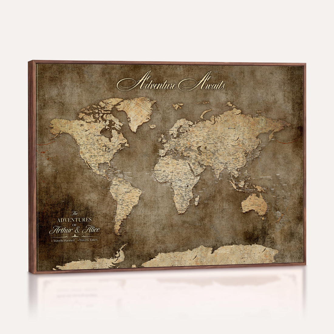 Personalized Framed Beige Push Pin Travel Map Canvas Print, Bucket List Map, Bedroom and Study Decor