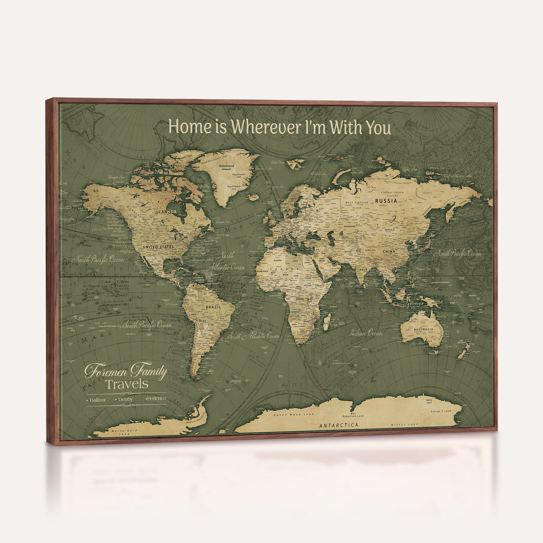 Personalized Framed Beige Geometric Push Pin World Map Canvas Print, Honeymoon and Anniversary Gift, Dining Room and Bedroom Decor
