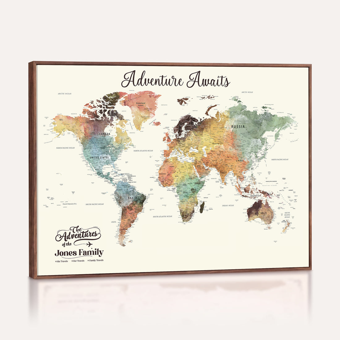 Custom Beige World Map Canvas with Push Pins, Honeymoon and Anniversary Gift, Dining Room and Entryway Decor