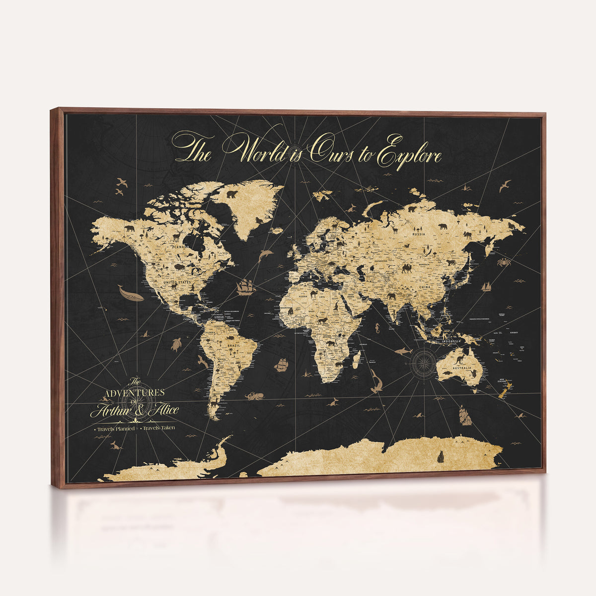 54097664-MGV-CV-36X24 - Custom Push Pin World Map Canvas Print, Couples Countries Visited Map, Living Room and Home Office Decor