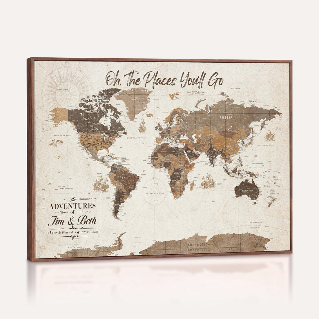 Custom Beige World Travel Map Wall Art with Pins, Couples Countries Visited Map, Living Room and Study Decor
