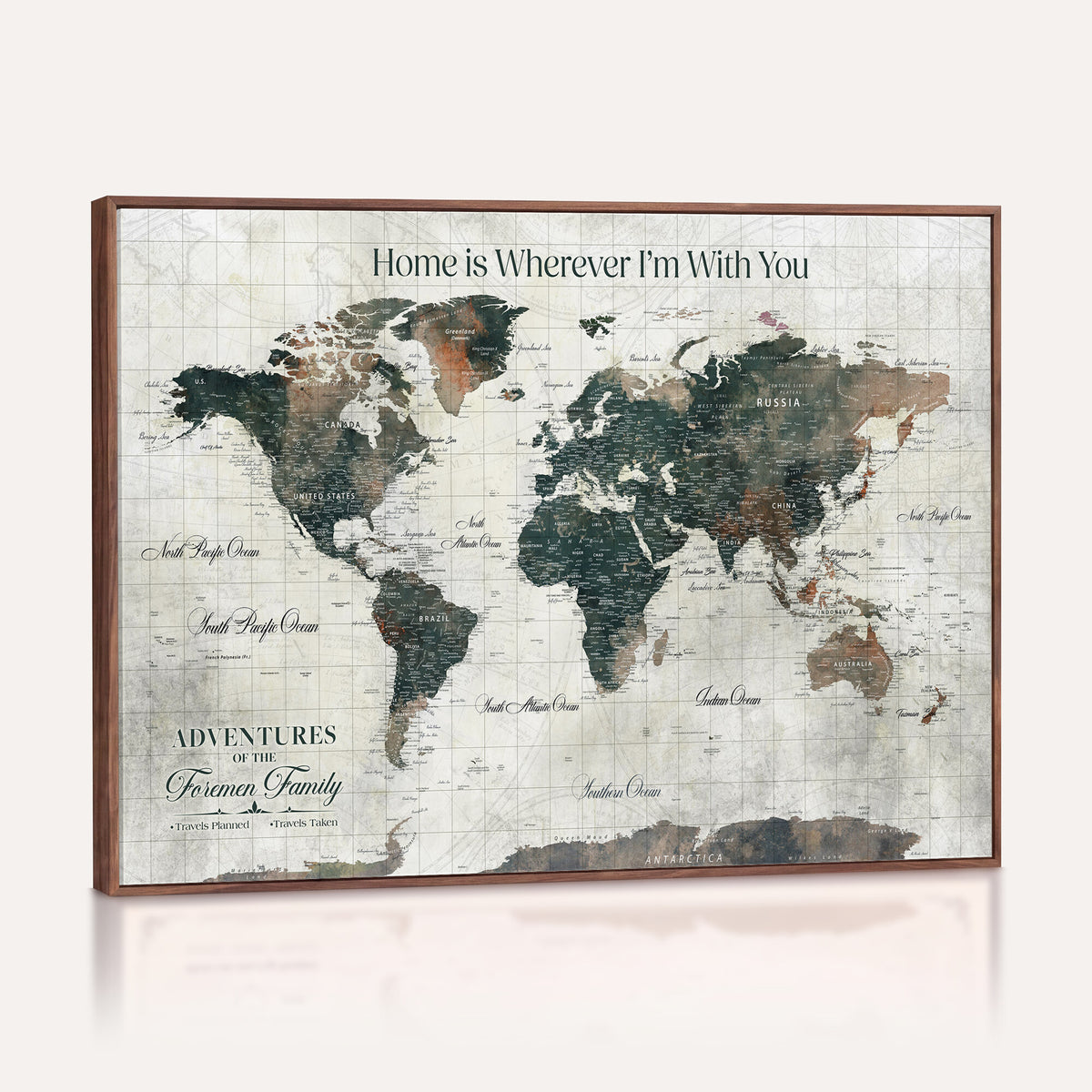 98050124-MGV-CV-36X24 - Personalized Beige Modern Push Pin Travel Map Canvas Print, Couples Countries Visited Map, Dining Room and Bedroom Decor
