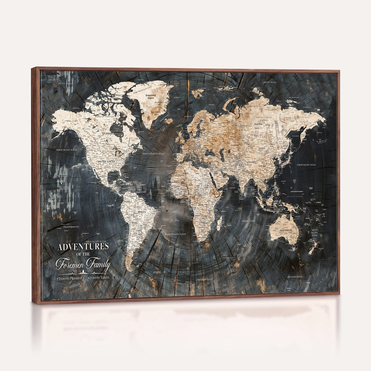 77865338-MGV-CV-36X24 - Personalized Framed Beige Push Pin World Map Canvas Print, Bucket List Map, Living Room and Hallway Decor