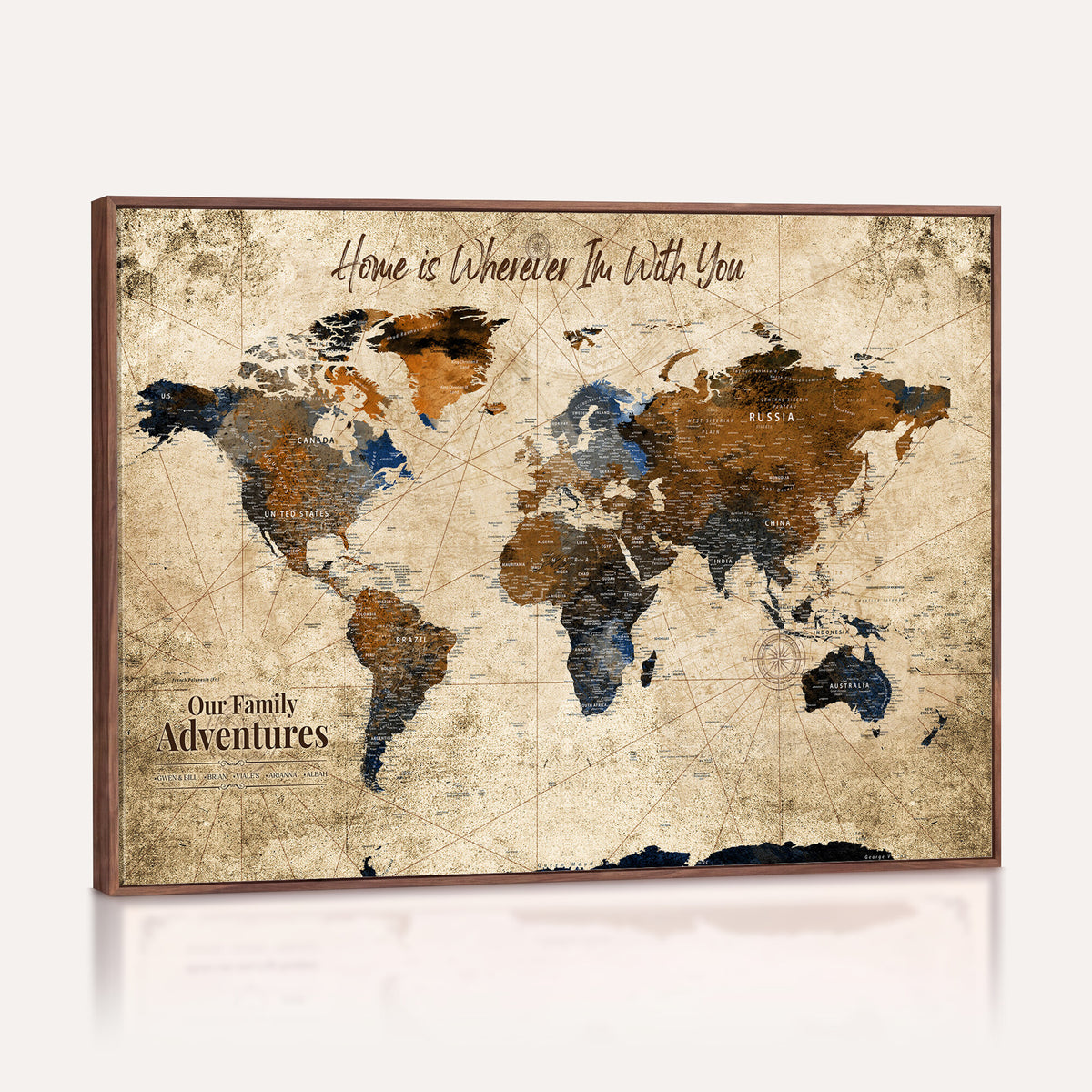 17548029-MGV-CV-36X24 - Personalized Framed Beige Modern Push Pin World Map Canvas Print, Bucket List Map, Home Office and Study Decor