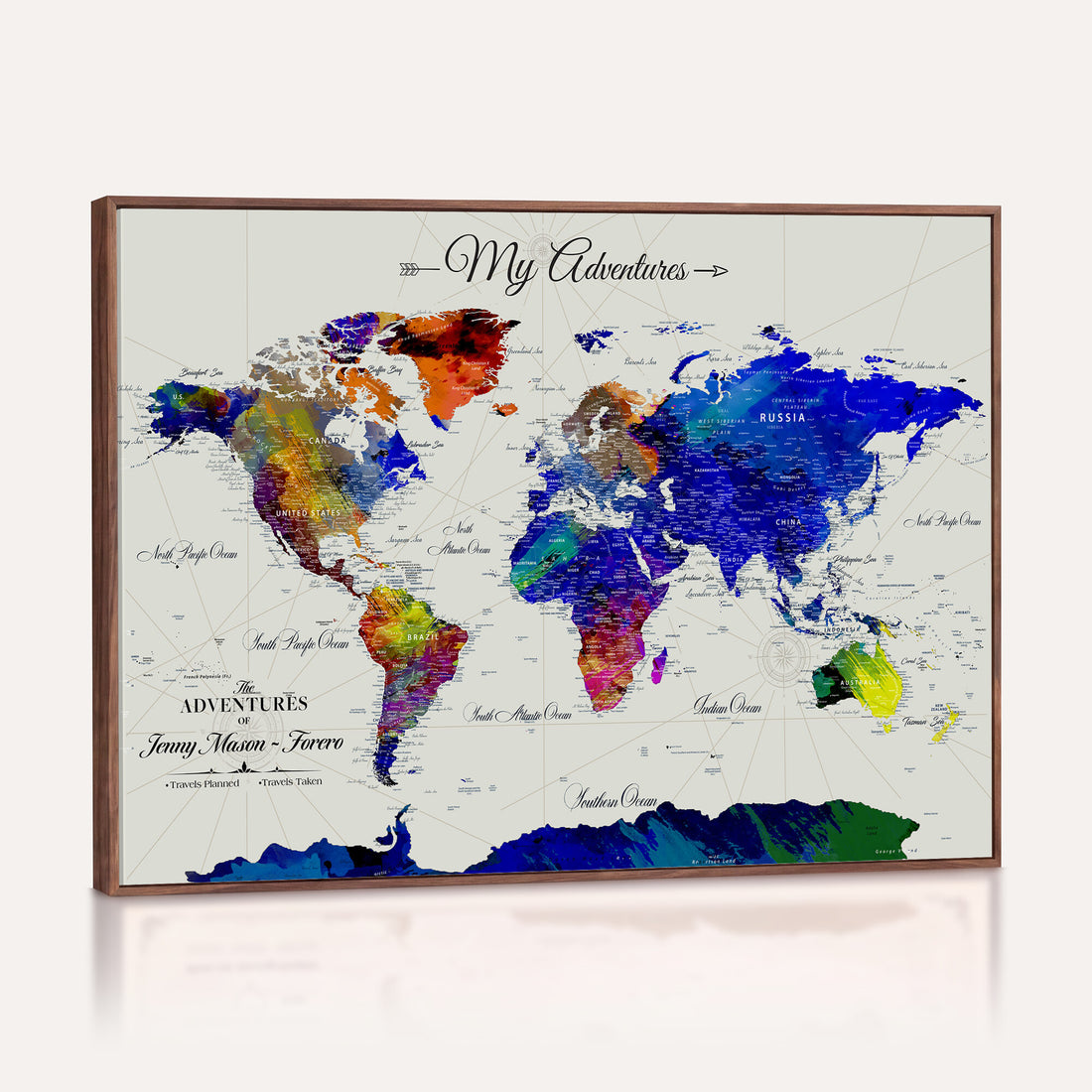 Detailed Custom Framed Beige Modern World Map Canvas with Push Pins, Honeymoon and Anniversary Gift, Dining Room and Home Office Decor