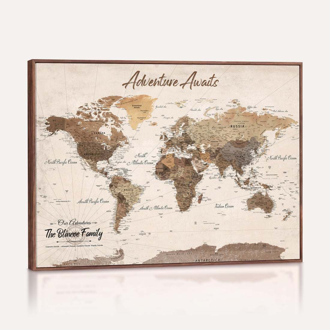 Personalized Framed White Modern Push Pin Travel Map Canvas Print, Bucket List Map, Dining Room and Study Decor