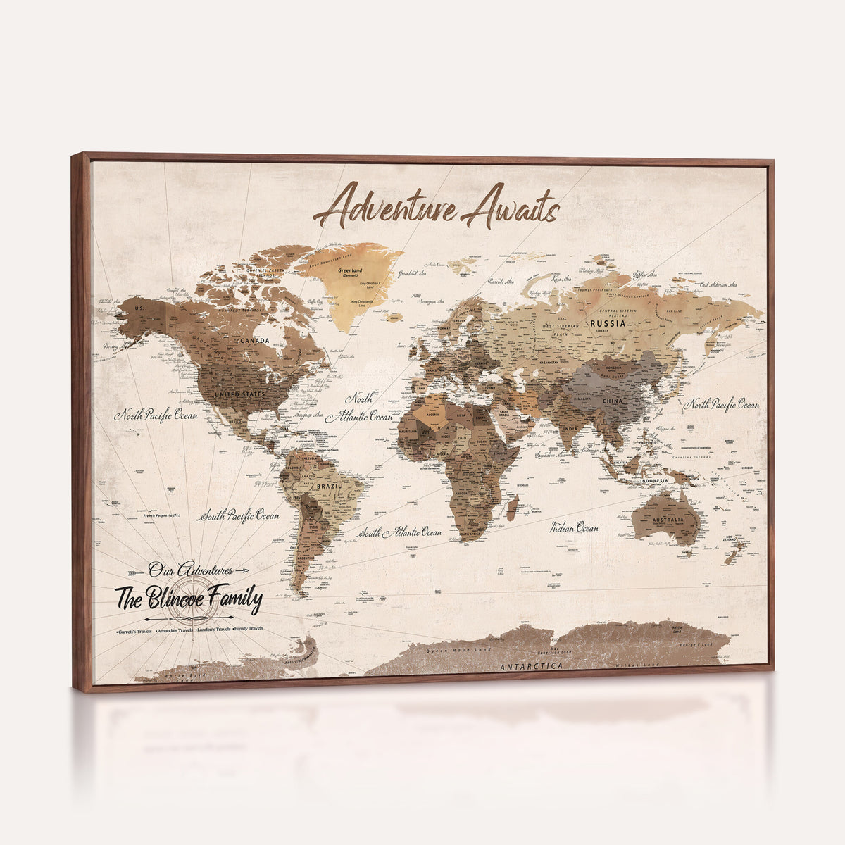 64110351-MGV-CV-36X24 - Custom Framed White Modern World Map Canvas with Push Pins, Places Visited Tracker, Dining Room and Entryway Decor