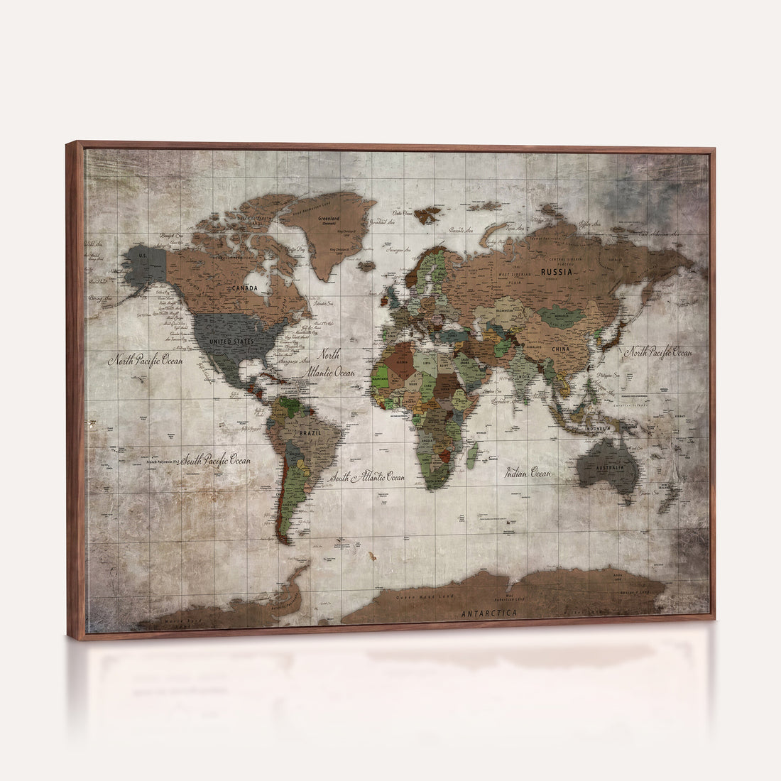 Black and White World Map Canvas Print | Framed Detailed Map of the World