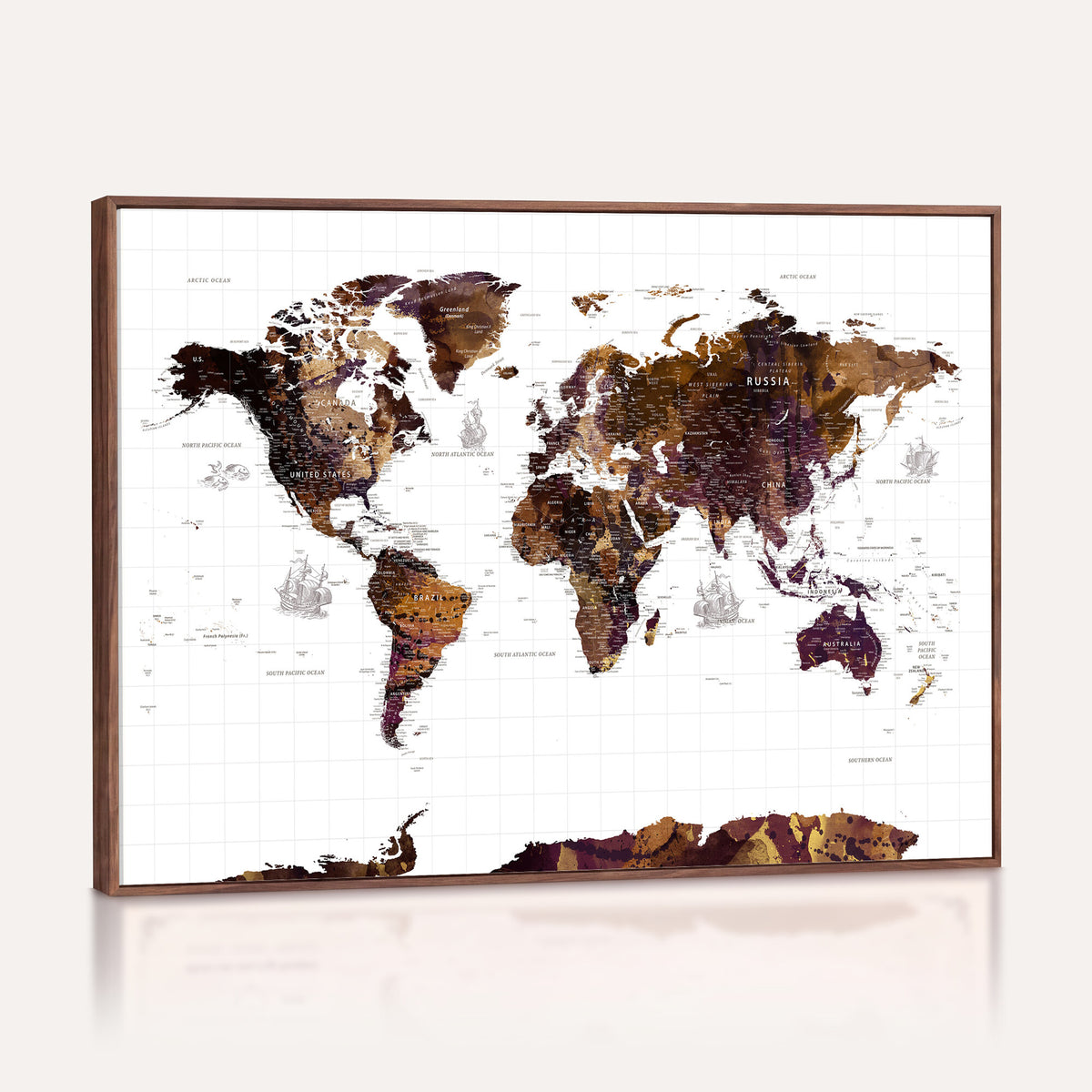 34792695-MGV-CV-36X24 - Rustic World Map Wall Art Canvas Print | Large Vintage Blue World Map on Wood Grain Style Background