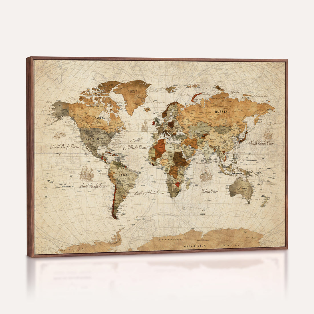 Vintage World Map Canvas Print, Framed Rustic Detailed Map of the World, Explorer Decor