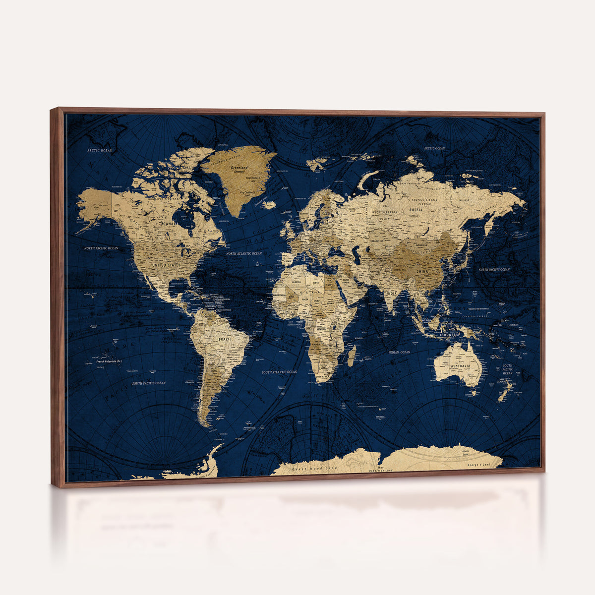 54770746-MGV-CV-36X24 - Navy Blue World Map Canvas Print – Detailed Map Minimal Navy