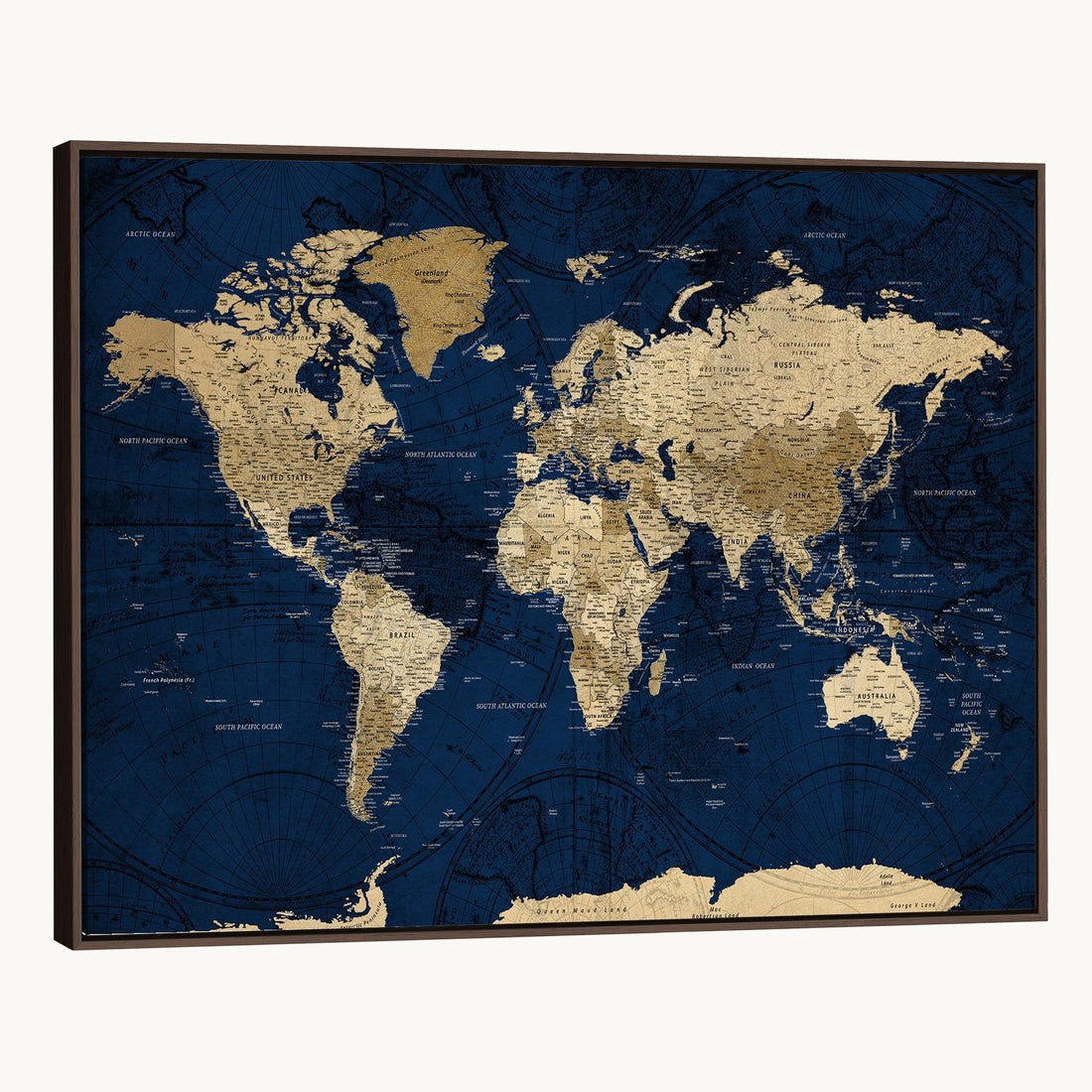 Navy Blue World Map Canvas Print | Detailed Minimal Navy Map Artwork