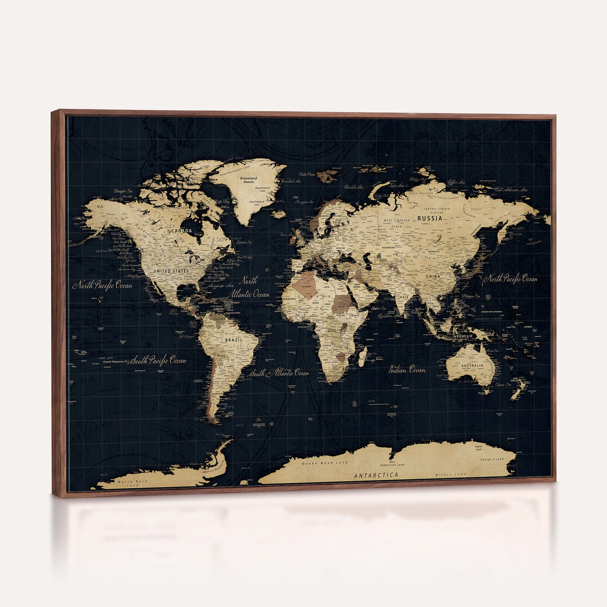 45063434-MGV-CV-36X24 - Dark World Map Canvas Wall Art Print, Minimal Black and Gold Map