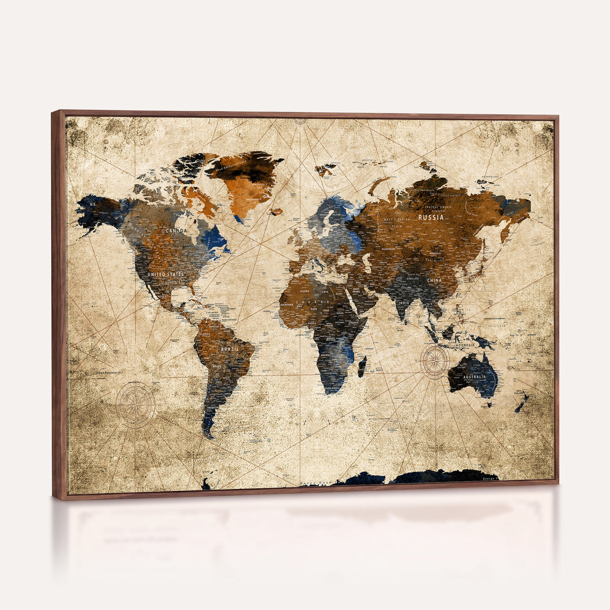 27163414-MGV-CV-36X24 - World Map Wall Art – Rustic Earth Tone Canvas Print, Antique
