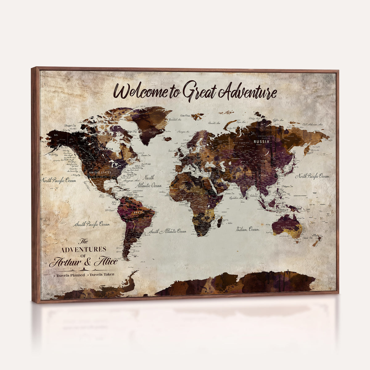 64110391126-MGV-CV-36X24 - Custom Beige World Travel Map Wall Art with Pins, Places Visited Tracker, Family Room and Entryway Decor