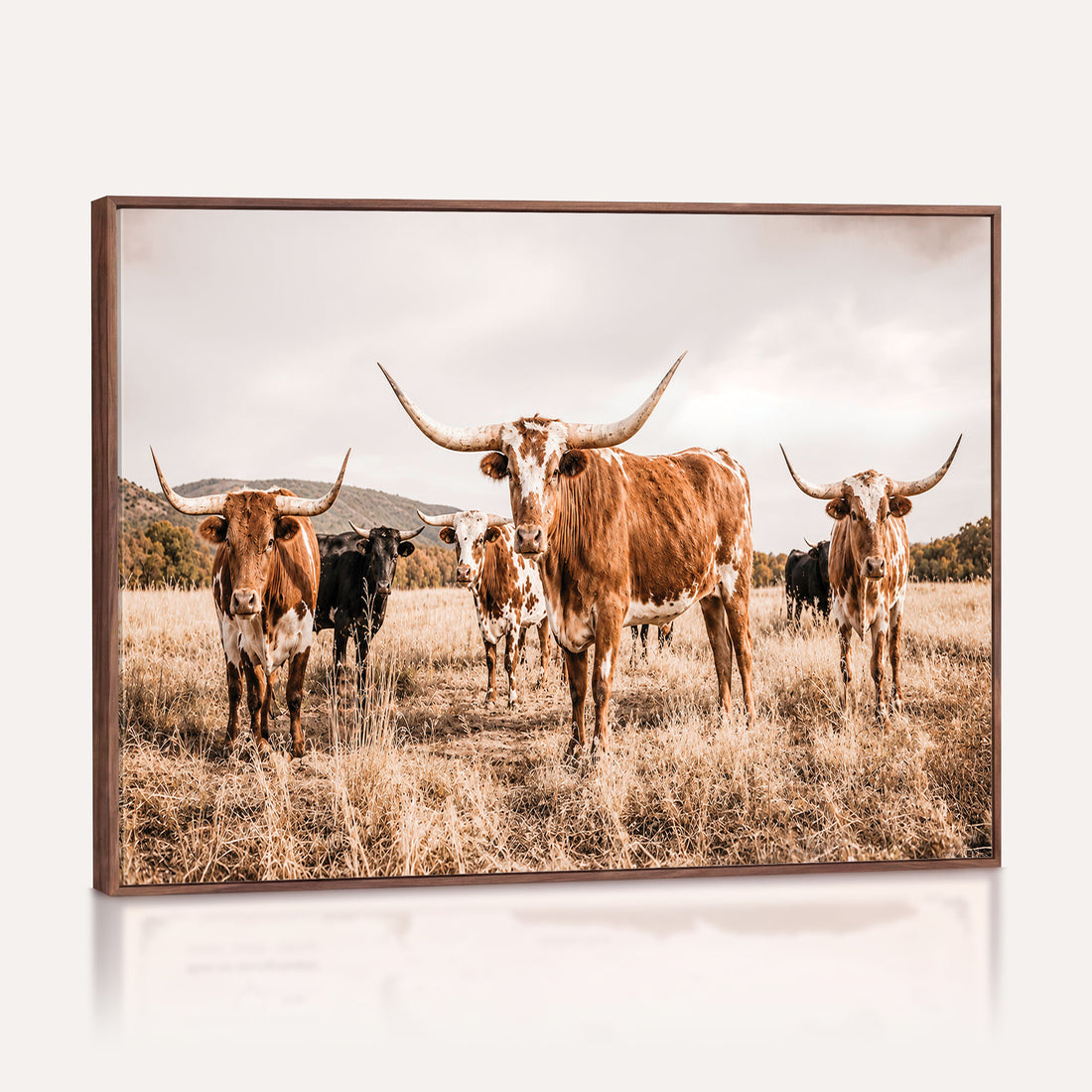 Texas Longhorn Cattle Wall Art Canvas Print, Sepia Western Decor