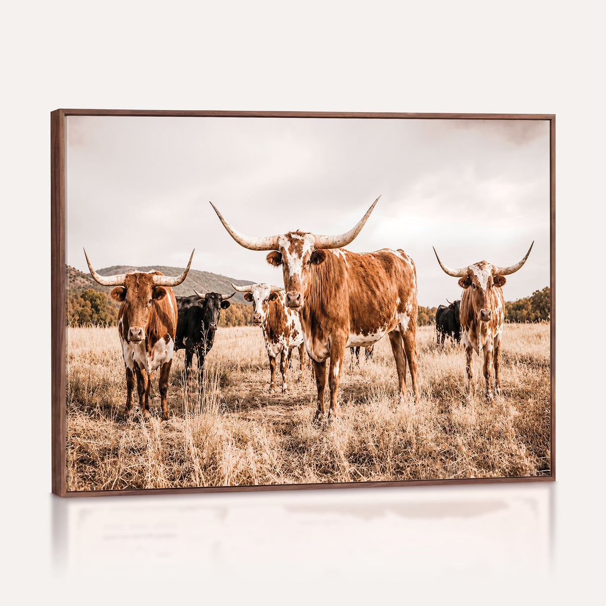 27539727-MGV-CV-36X24 - Texas Longhorn Cattle Wall Art Canvas Print, Sepia Western Decor