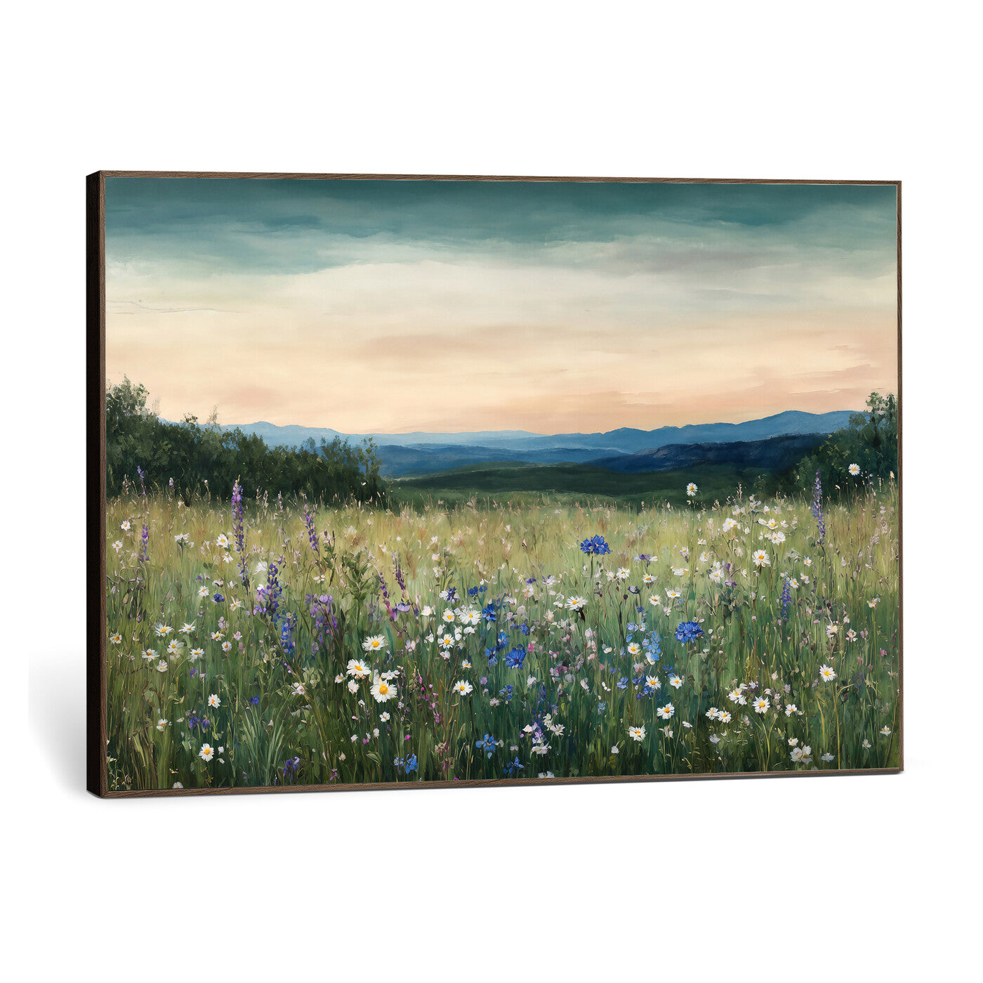 35773805-MGV-CV-36X24 - Wildflower Meadow Oil Painting Canvas Print - Daisy Lavender Mountain Sunset Print | Cottagecore Floral Wall Art - Bedroom Decor Gift for Her
