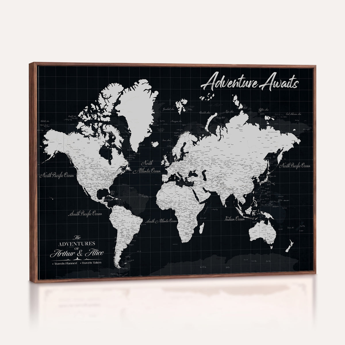 19855445B-MGV-CV-36X24 - Personalized Black Push Pin Travel Map Canvas Print, Couples Countries Visited Map, Entryway and Hallway Decor