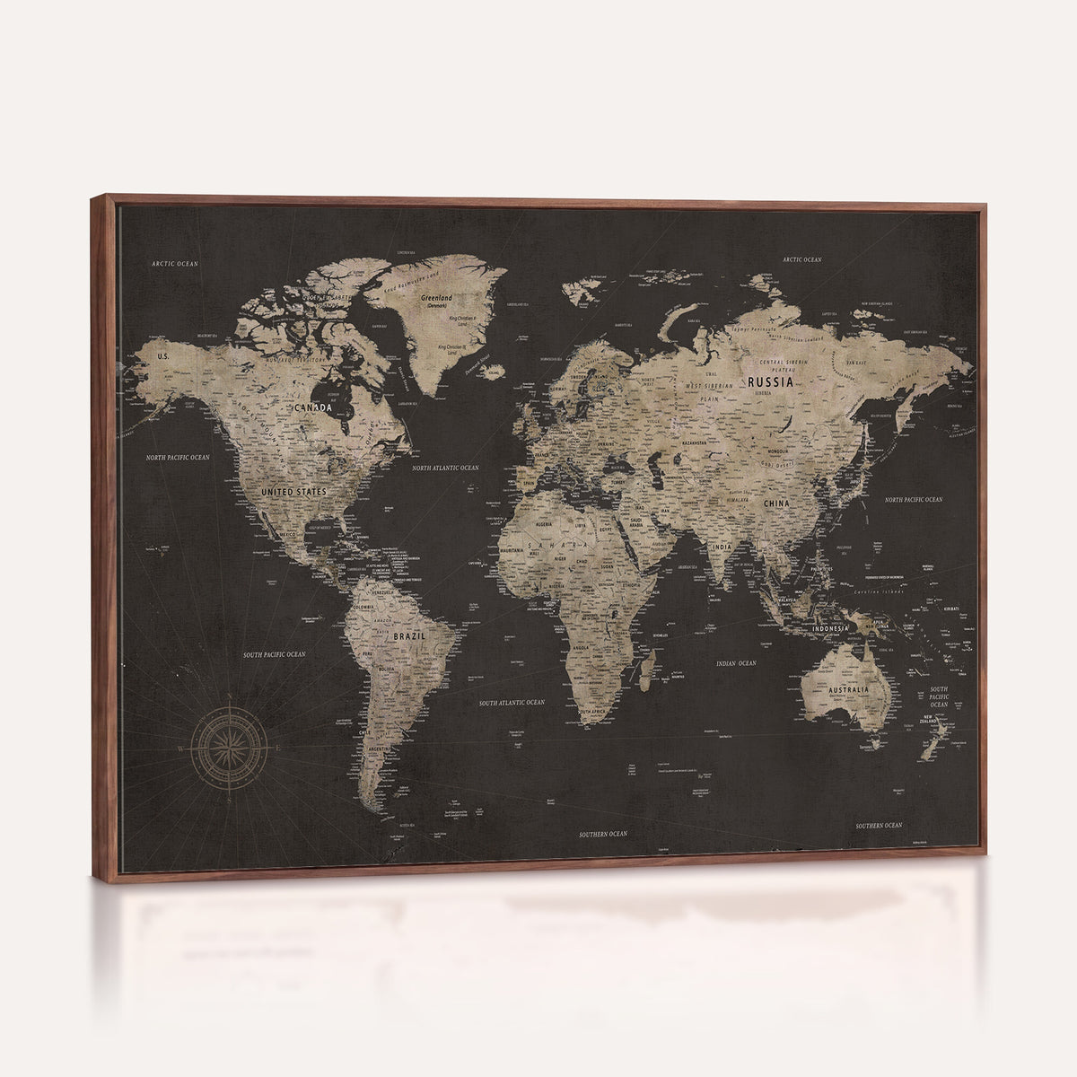 56556018136-MGV-CV-36X24 - World Map Canvas Wall Art, Dark Charcoal and Antique Tan Detailed Map