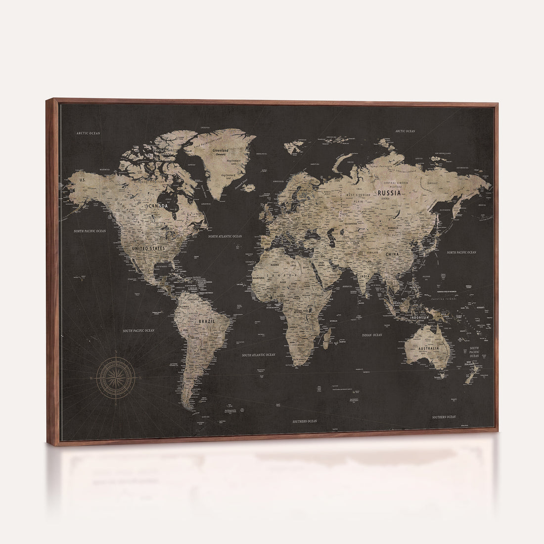 Custom Charcoal Antique Push Pin World Map Canvas Print, Next Trip Planner Map, Bedroom and Hallway Decor