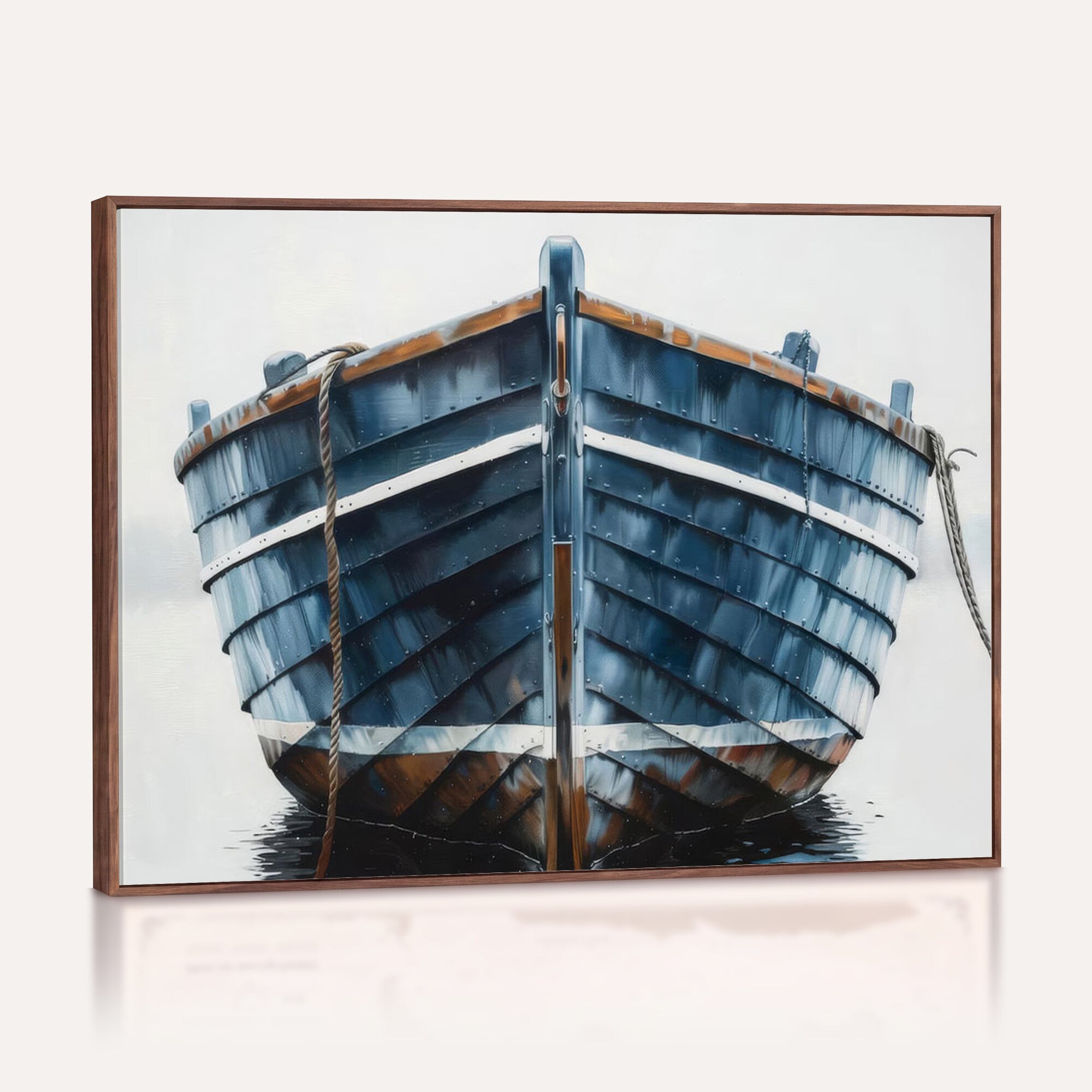 21601740-MGV-CV-36X24 - Blue Wooden Rowboat Canvas Wall Art, Coastal Nautical Boat Painting Print for Lake Beach House Decor, Minimalist Maritime Decor Artwork