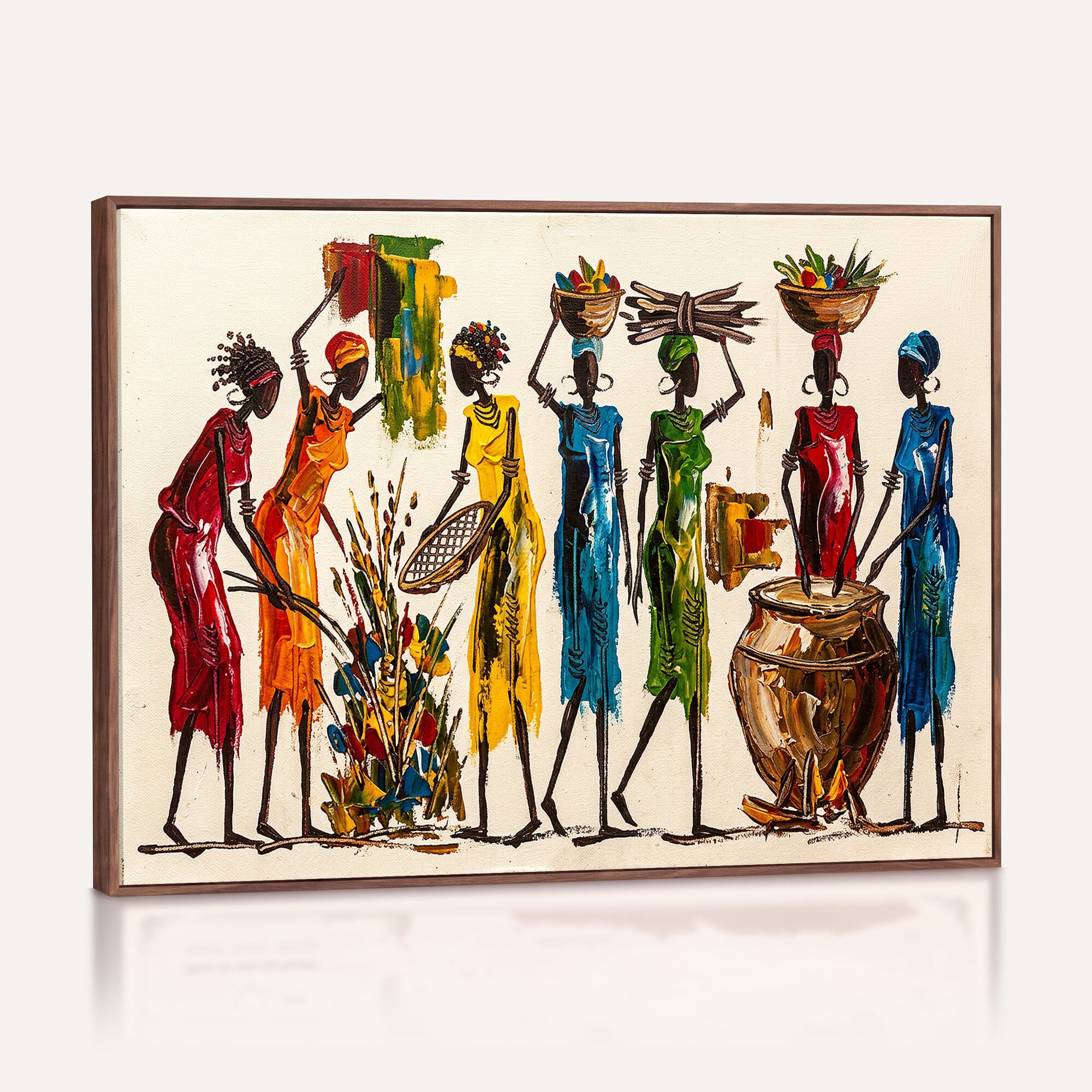 83463154-MGV-CV-36X24 - African Folk Art Canvas Wall Art, Colorful African Women Village Painting Print, Tribal Ethnic Home Decor, Vibrant African Art, Living Room